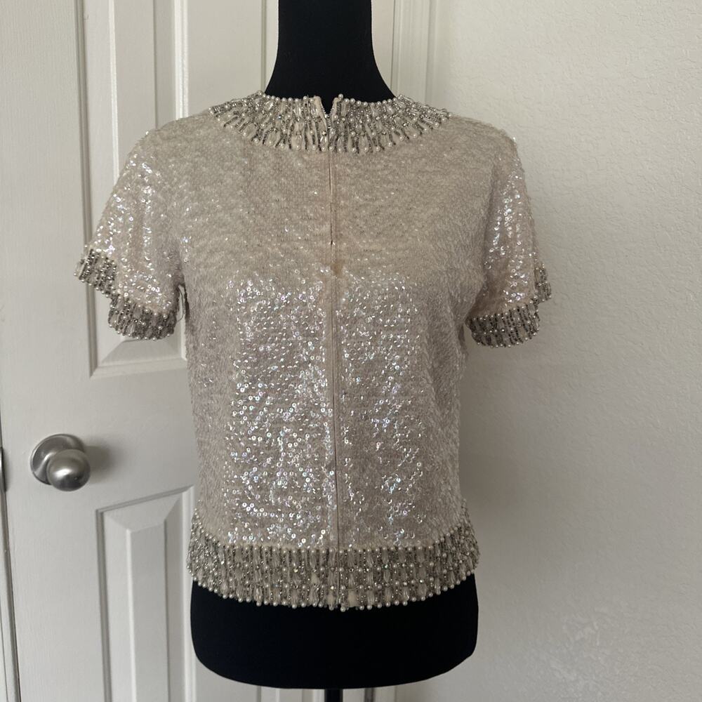 Vtg 1950s Beaded Cardigan Sweater Iridescent Ivory Sequin Pearls Medium